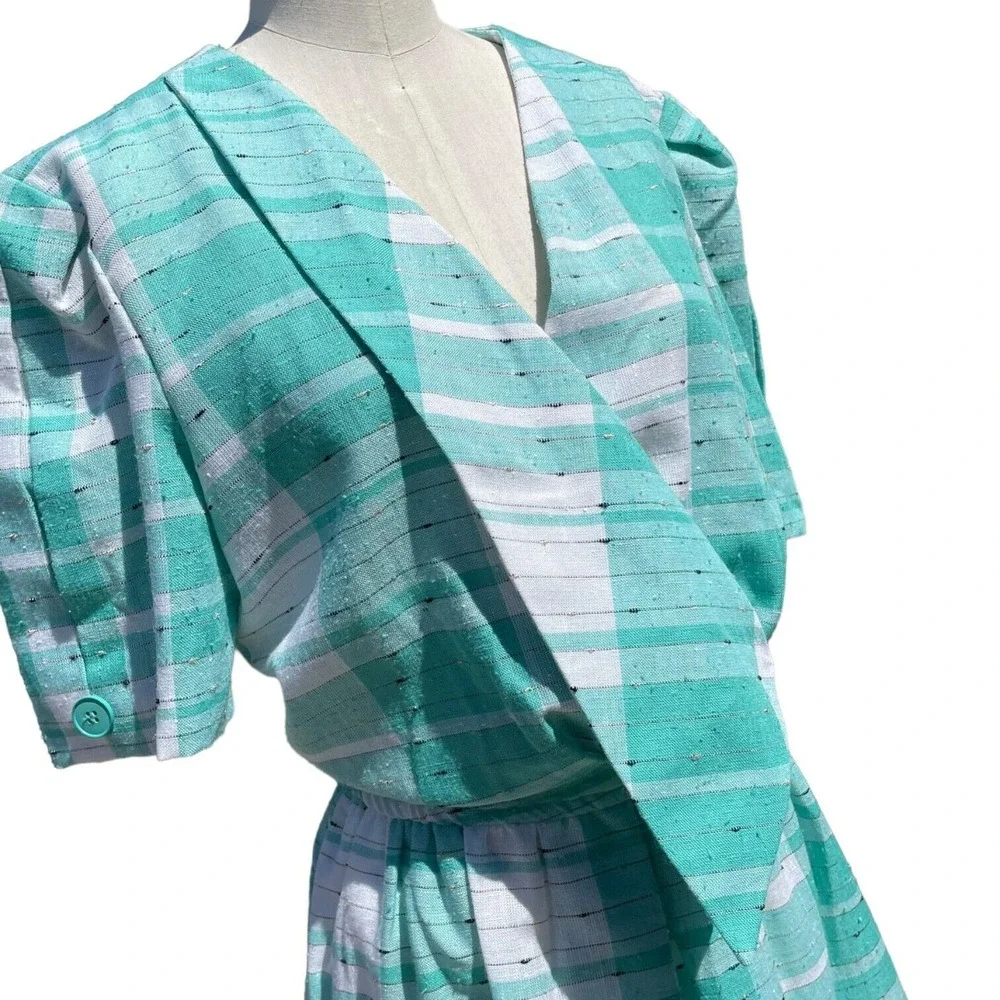 Vintage 80s Jackie Taub Aqua White Plaid Asymmetric Aline Day Dress Size 12 - Picture 3 of 6